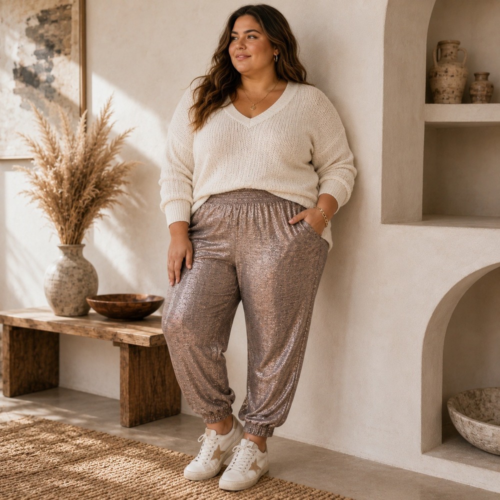 Anthropologie Womens Melora Metallic Shimmer Joggers Rose Gold Size 2X Fairy‎